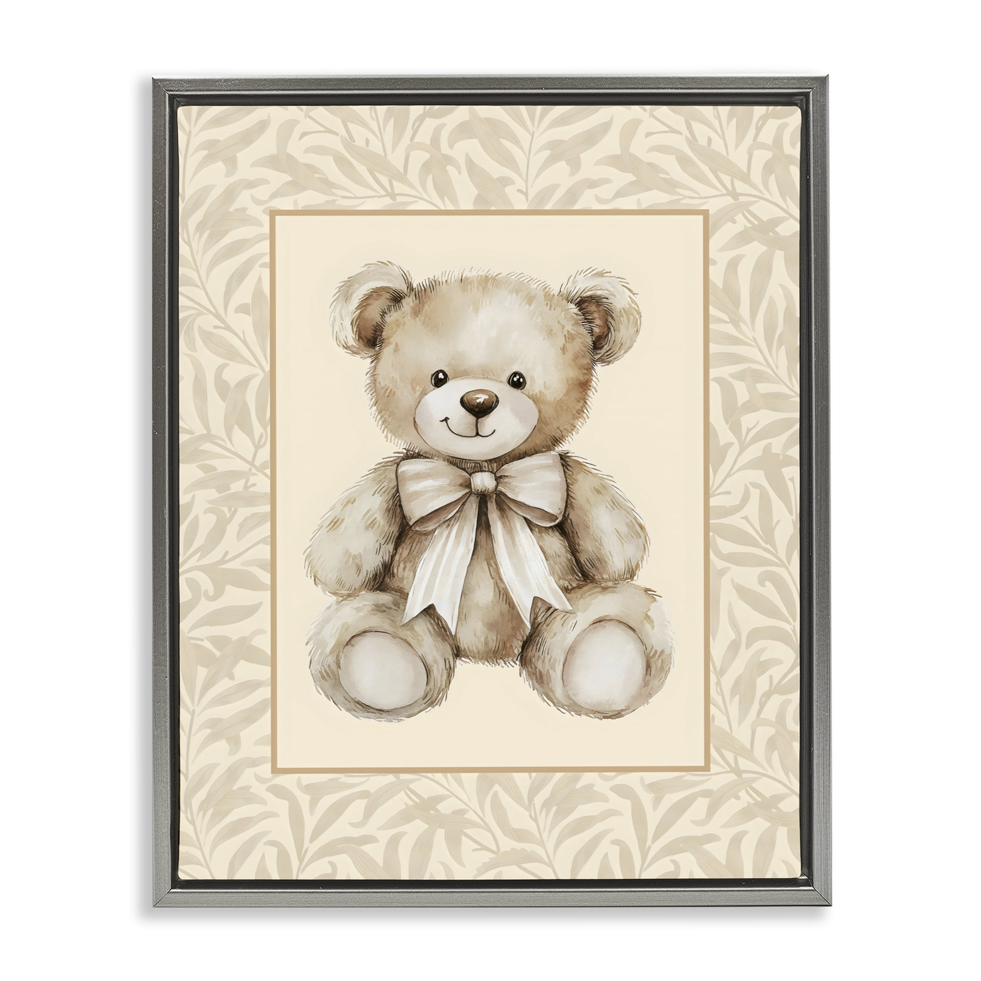 Stupell Industries Beige Teddy Bear and Border Gray Framed Floater Canvas Wall Art, design by LSR Design Studio