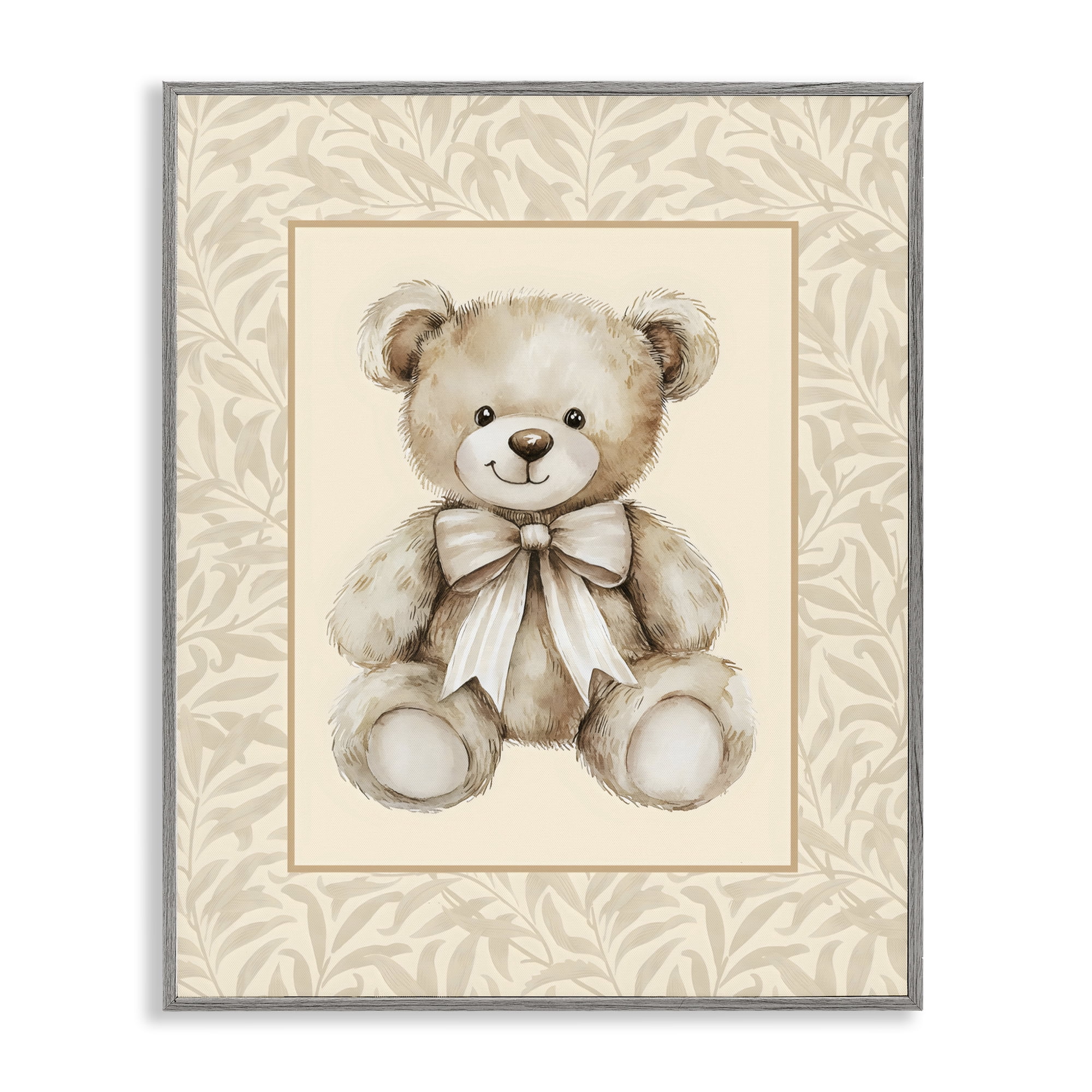 Stupell Industries Beige Teddy Bear and Border Gray Framed Giclee Art, design by LSR Design Studio