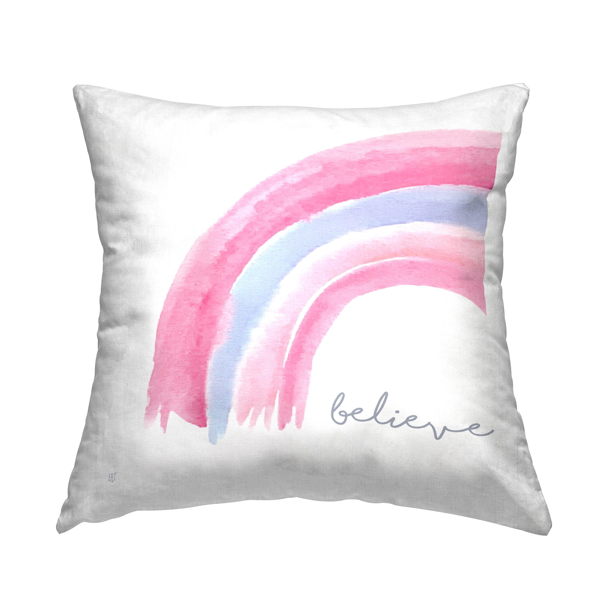 Stupell Industries Believe Calligraphy Pink Blue Pastel Rainbow Design by Elizabeth Tyndall Throw Pillow