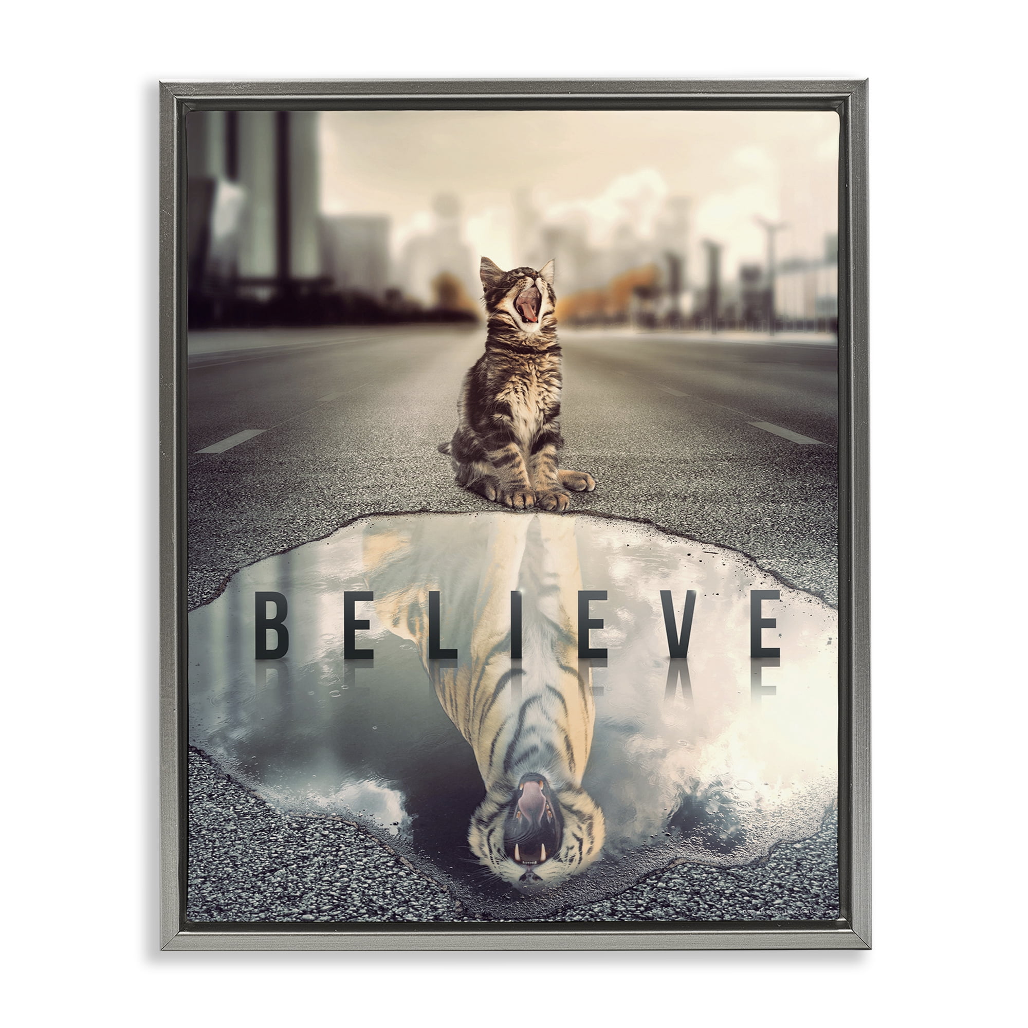 Stupell Industries Believe Cat & Tiger Animals Painting Gray Floater Framed Canvas Art Print Wall Art, 17 x 21