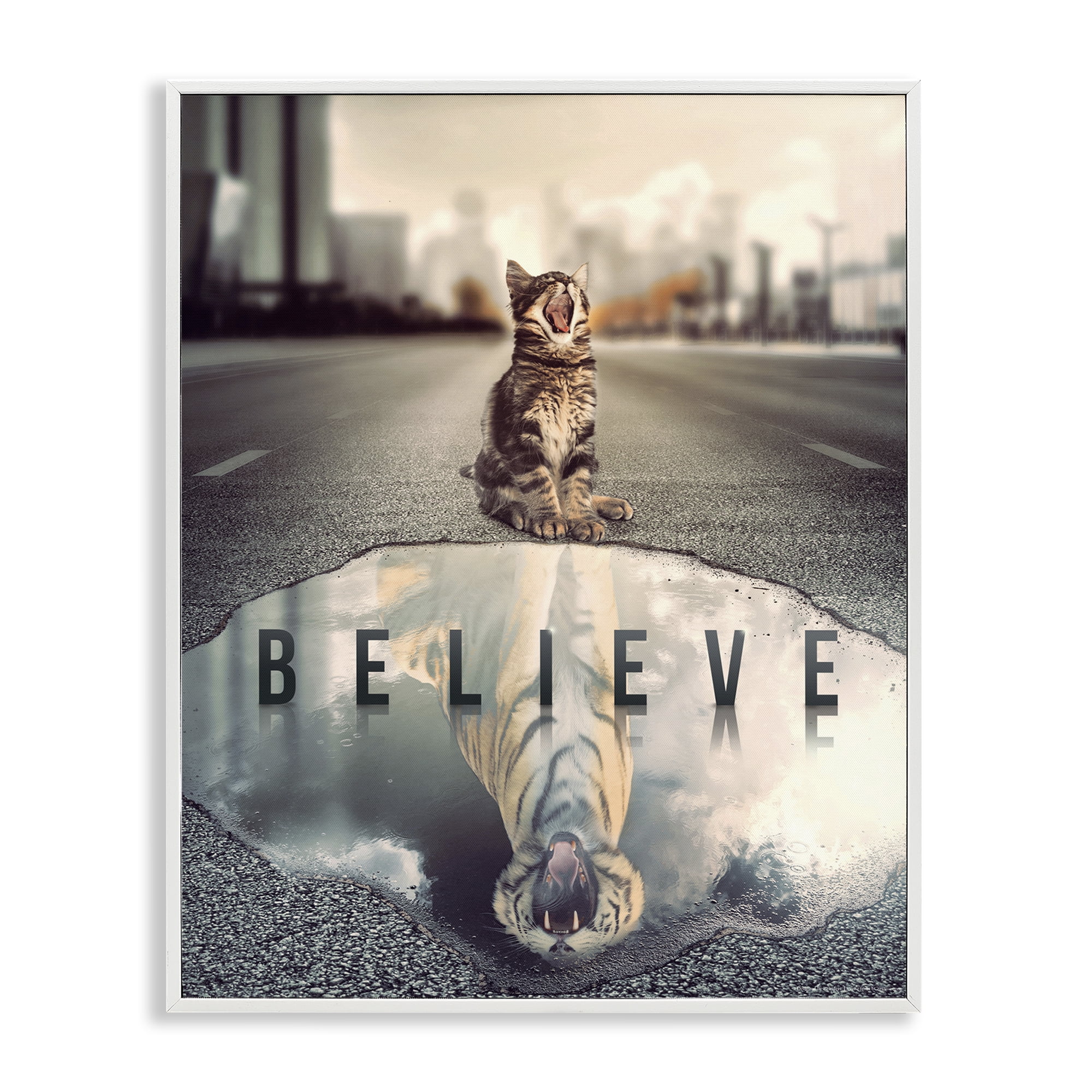 Stupell Industries Believe Cat & Tiger Animals Painting White Framed Art Print Wall Art, 16 x 20