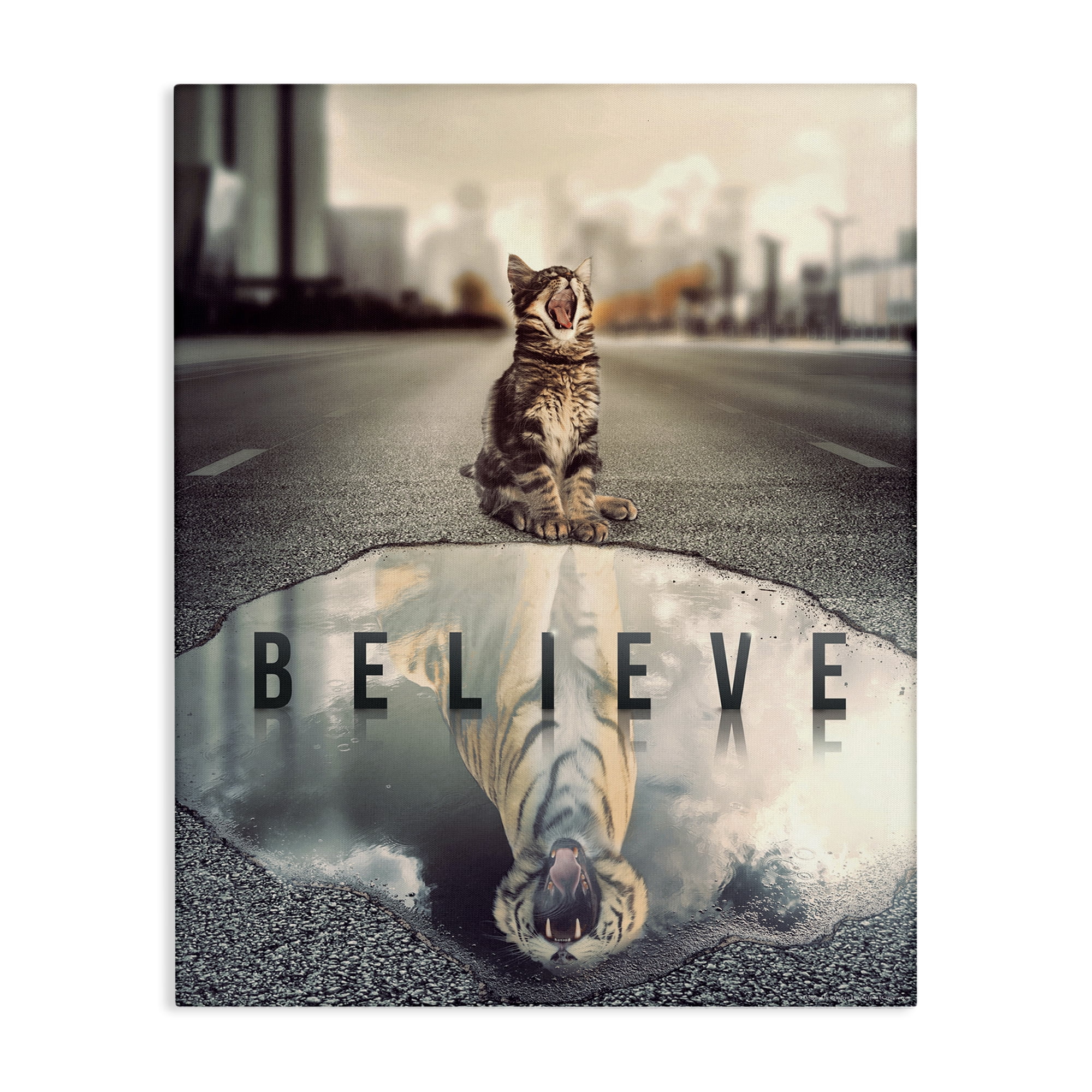 Stupell Industries Believe Cat & Tiger Animals Painting Wrapped Canvas Art Print Wall Art, 16 x 20