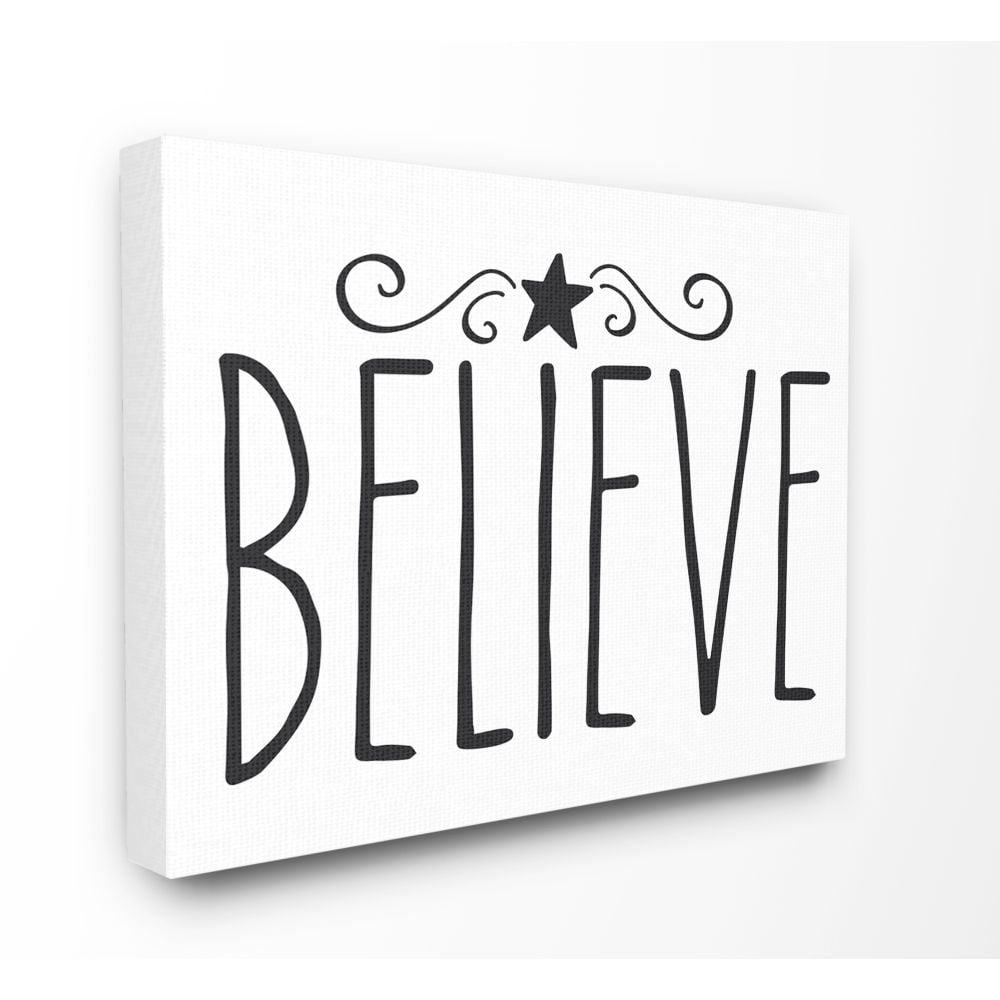 Stupell Industries Believe Christmas Holiday Black And White Word DesignCanvas Wall Art By Artist Lettered and Lined