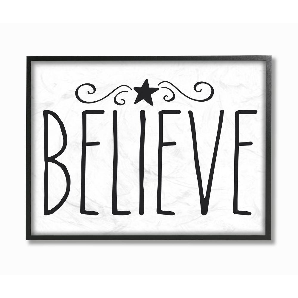 Stupell Industries Believe Christmas Holiday Black And White Word DesignFramed Wall Art By Artist Lettered and Lined