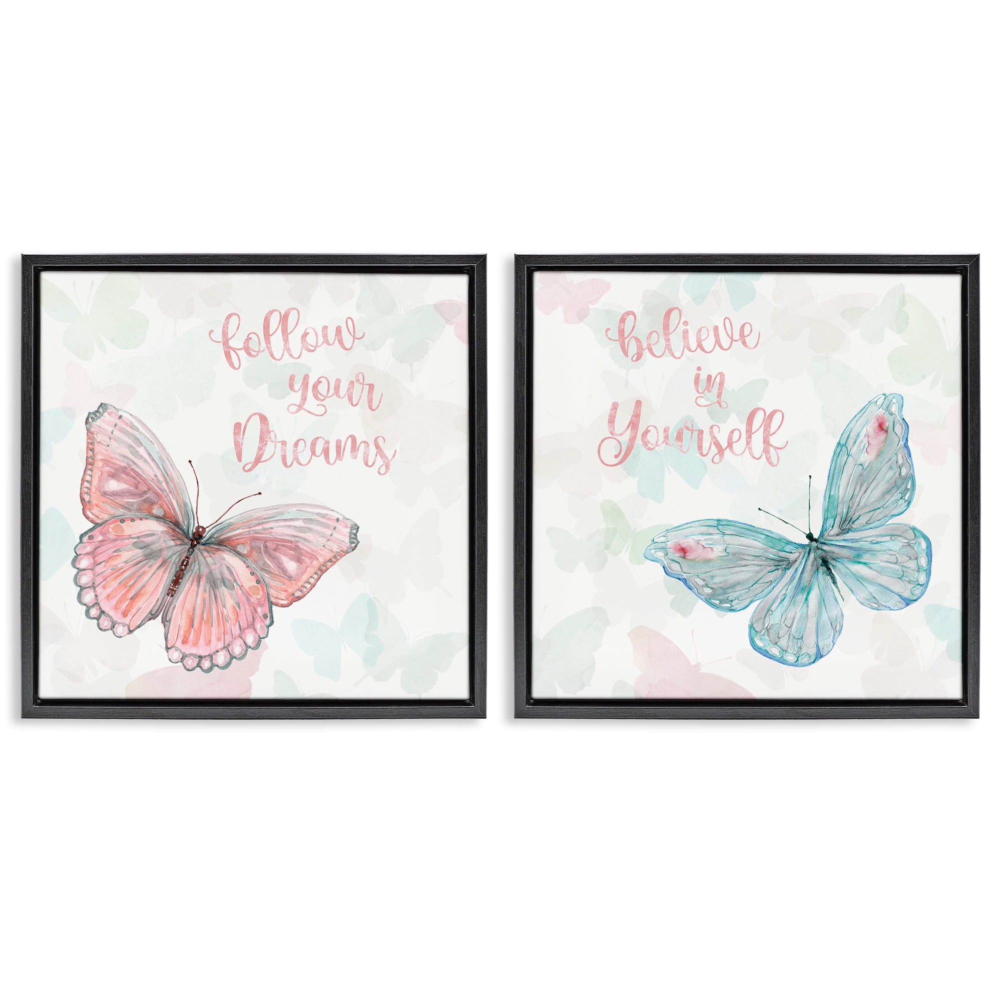 Stupell Industries Believe In Dreams Butterflies Animals & Insects Painting Black Floater Framed Canvas Art Print Wall Art, 18 x 18, Set of 2