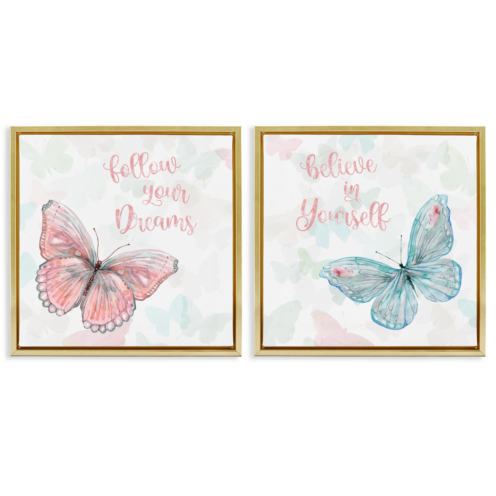Stupell Industries Believe In Dreams Butterflies Animals & Insects Painting Gold Floater Framed Canvas Art Print Wall Art, 18 x 18, Set of 2
