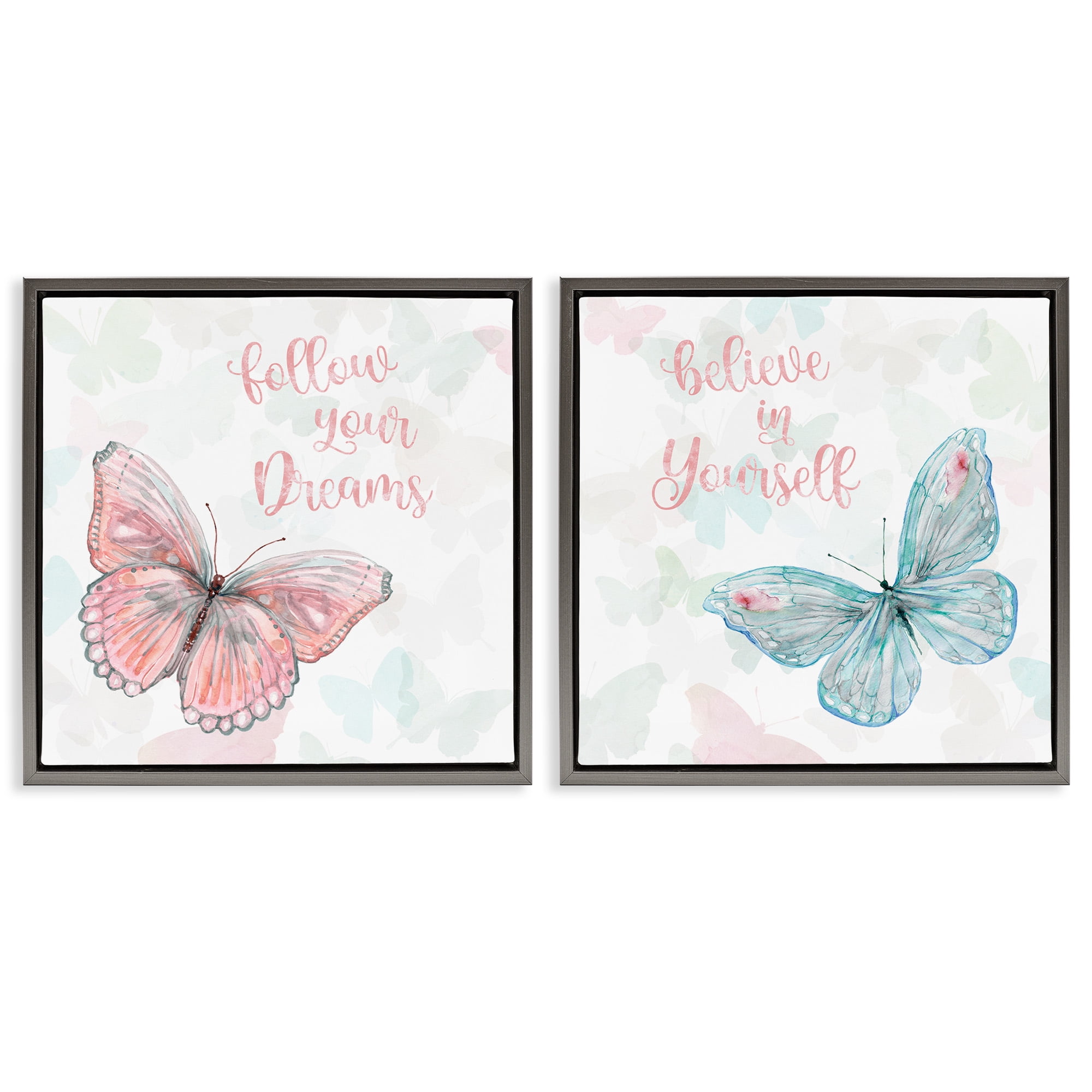 Stupell Industries Believe In Dreams Butterflies Animals & Insects Painting Gray Floater Framed Canvas Art Print Wall Art, 25 x 25, Set of 2