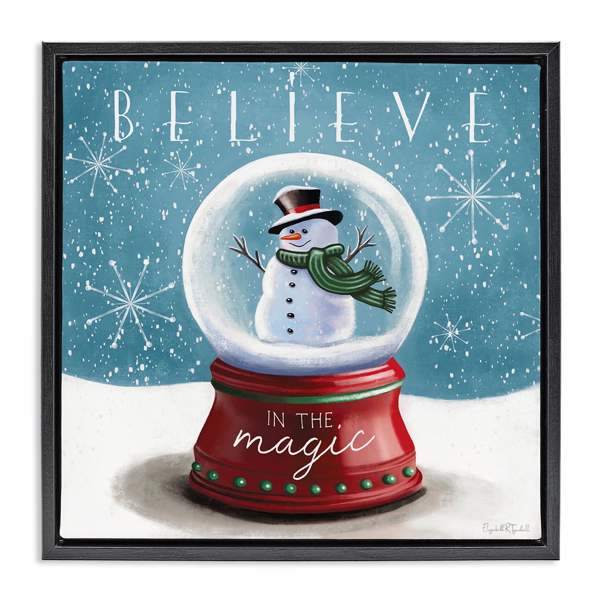 Stupell Industries Believe In Magic Snowglobe Holiday Painting Black Floater Framed Canvas Art Prints Wall Art, 18 x 18