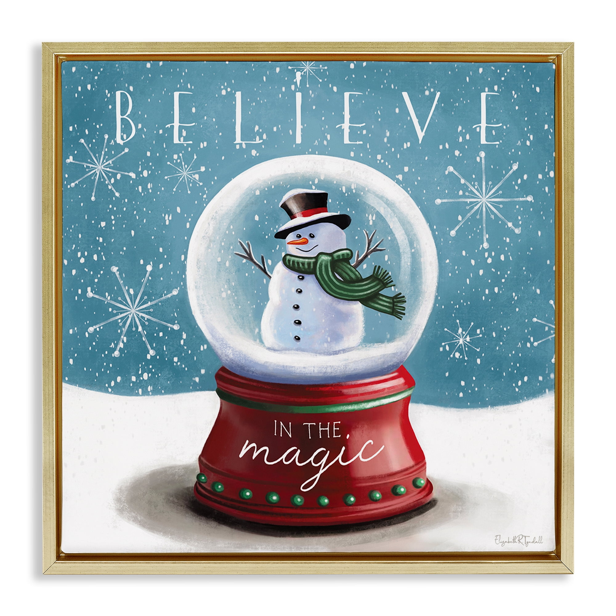 Stupell Industries Believe In Magic Snowglobe Holiday Painting Gold Floater Framed Canvas Art Prints Wall Art, 18 x 18