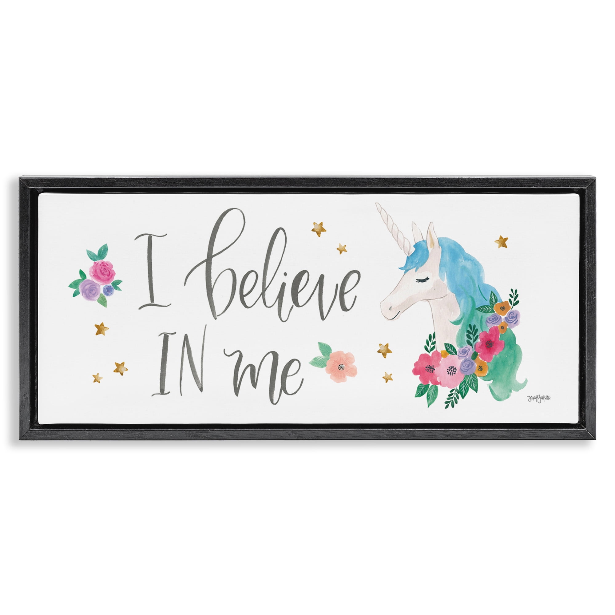 Stupell Industries Believe In Me Blue Unicorn Art for Kids Painting Black Floater Framed Canvas Art Print Wall Art, 31 x 14