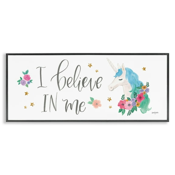Stupell Industries Believe In Me Blue Unicorn Art for Kids Painting Black Framed Art Print Wall Art, 24 x 10