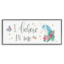 Stupell Industries Believe In Me Blue Unicorn Art for Kids Painting Black Framed Art Print Wall Art, 24 x 10