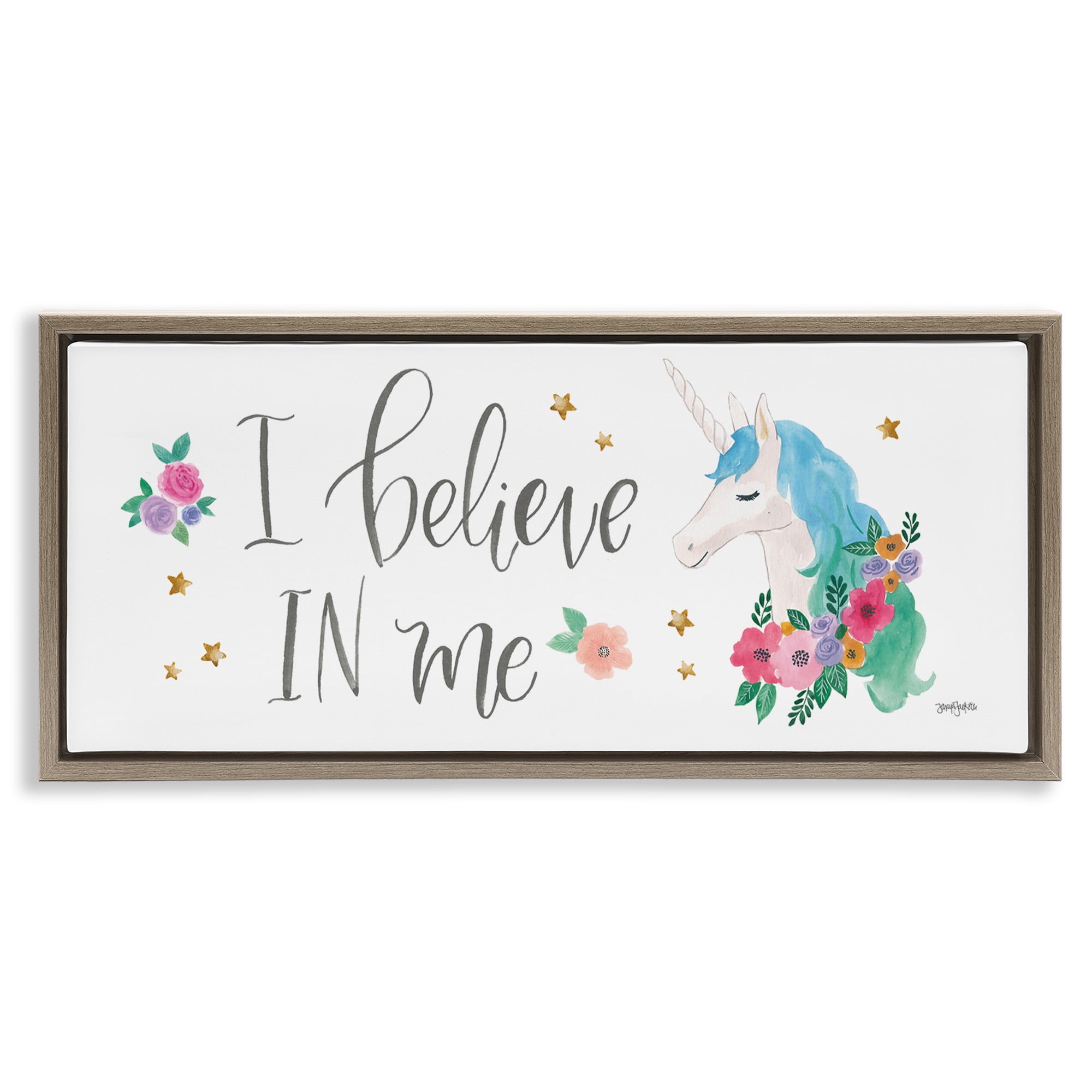 Stupell Industries Believe In Me Blue Unicorn Art for Kids Painting Brown Floater Framed Canvas Art Print Wall Art, 25 x 11