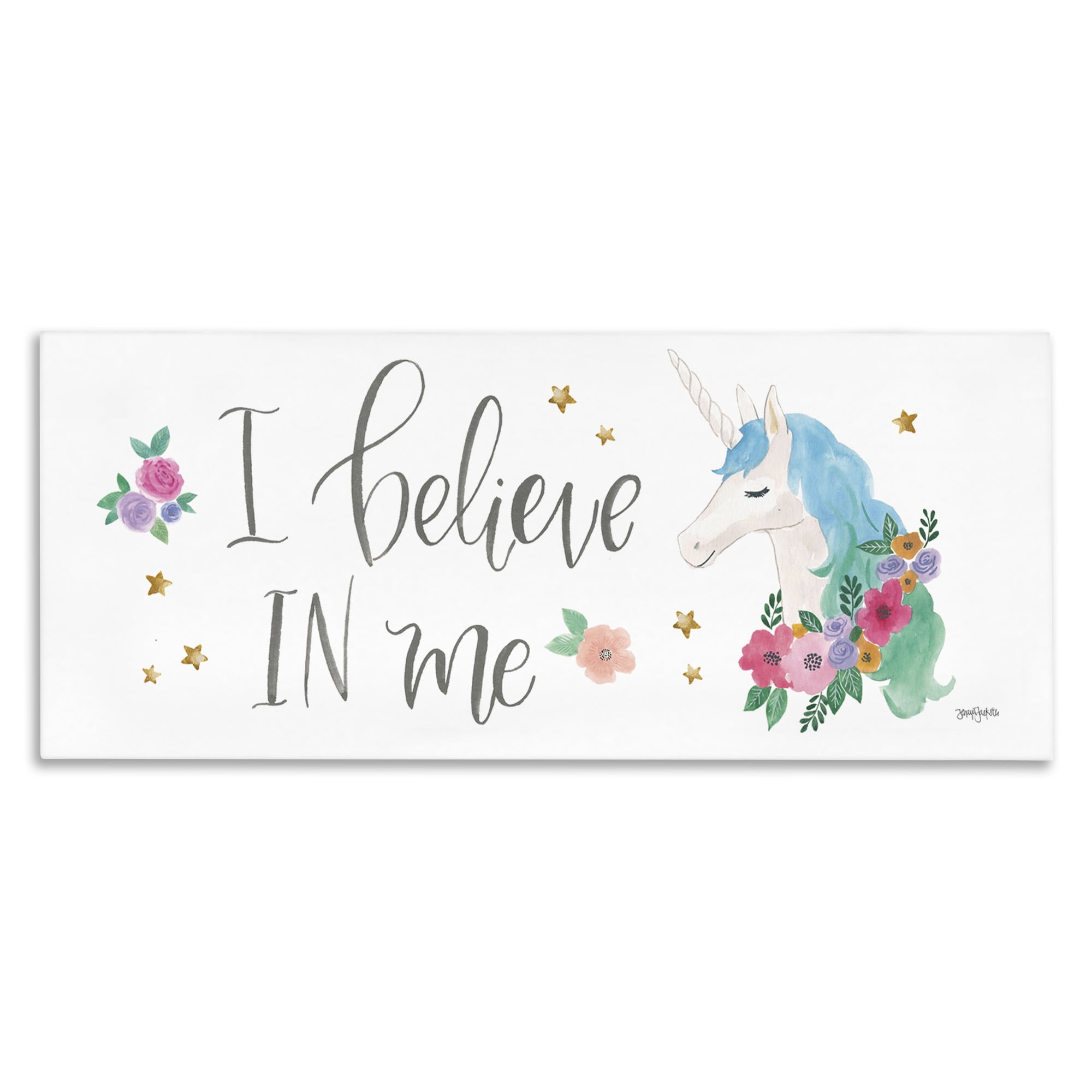 Stupell Industries Believe In Me Blue Unicorn Art for Kids Painting Gallery Wrapped Canvas Art Print Wall Art, 48 x 20