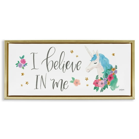 Stupell Industries Believe In Me Blue Unicorn Art for Kids Painting Gold Floater Framed Canvas Art Print Wall Art, 25 x 11