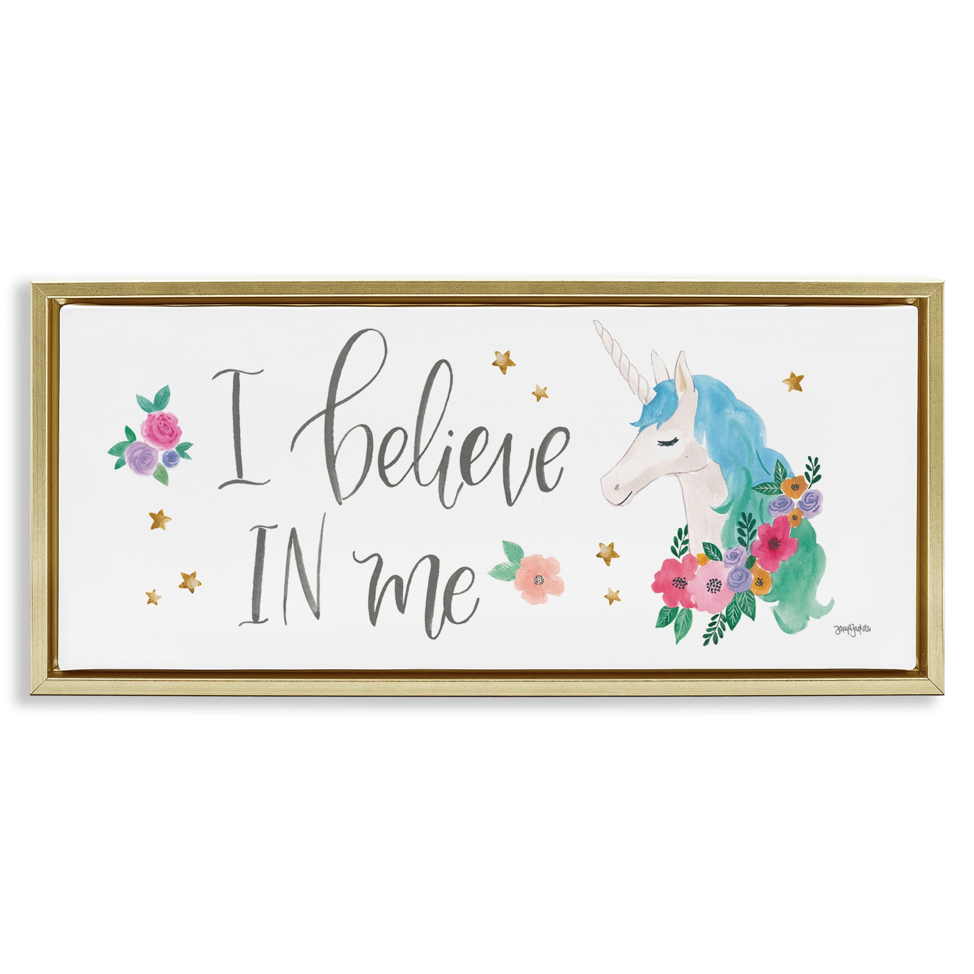 Stupell Industries Believe In Me Blue Unicorn Art for Kids Painting Gold Floater Framed Canvas Art Print Wall Art, 31 x 14