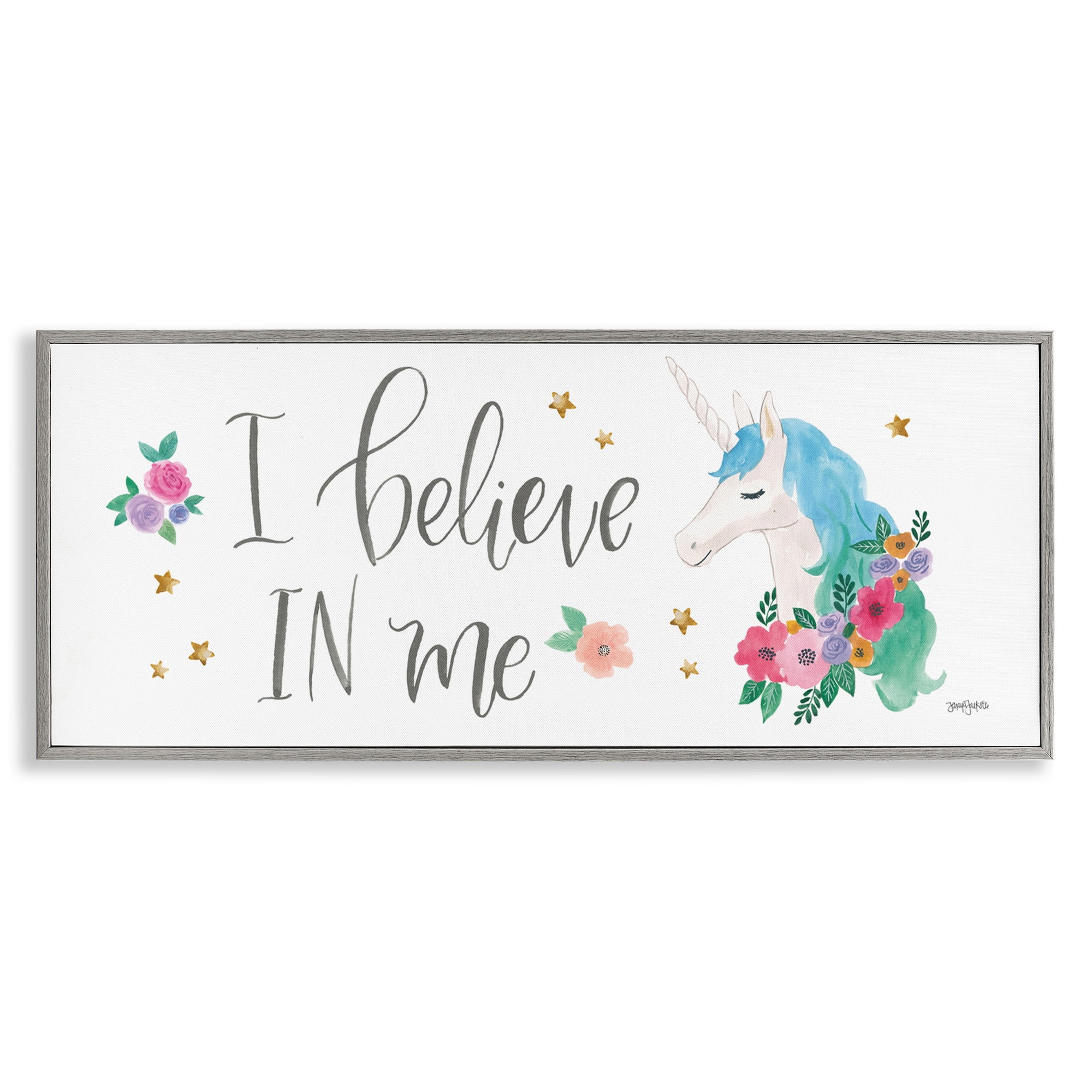 Stupell Industries Believe In Me Blue Unicorn Art for Kids Painting Gray Framed Art Print Wall Art, 24 x 10