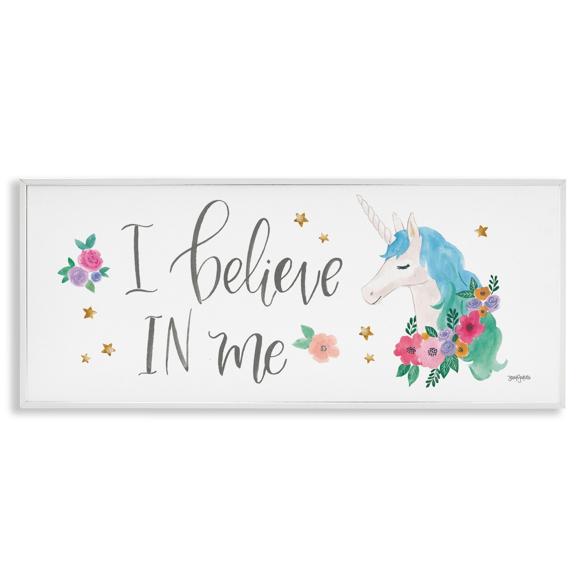 Stupell Industries Believe In Me Blue Unicorn Art for Kids Painting White Framed Art Print Wall Art, 30 x 13