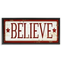Stupell Industries Believe Red Christmas Phrase Holiday Painting Black Floater Framed Canvas Art Print Wall Art, 25 x 11