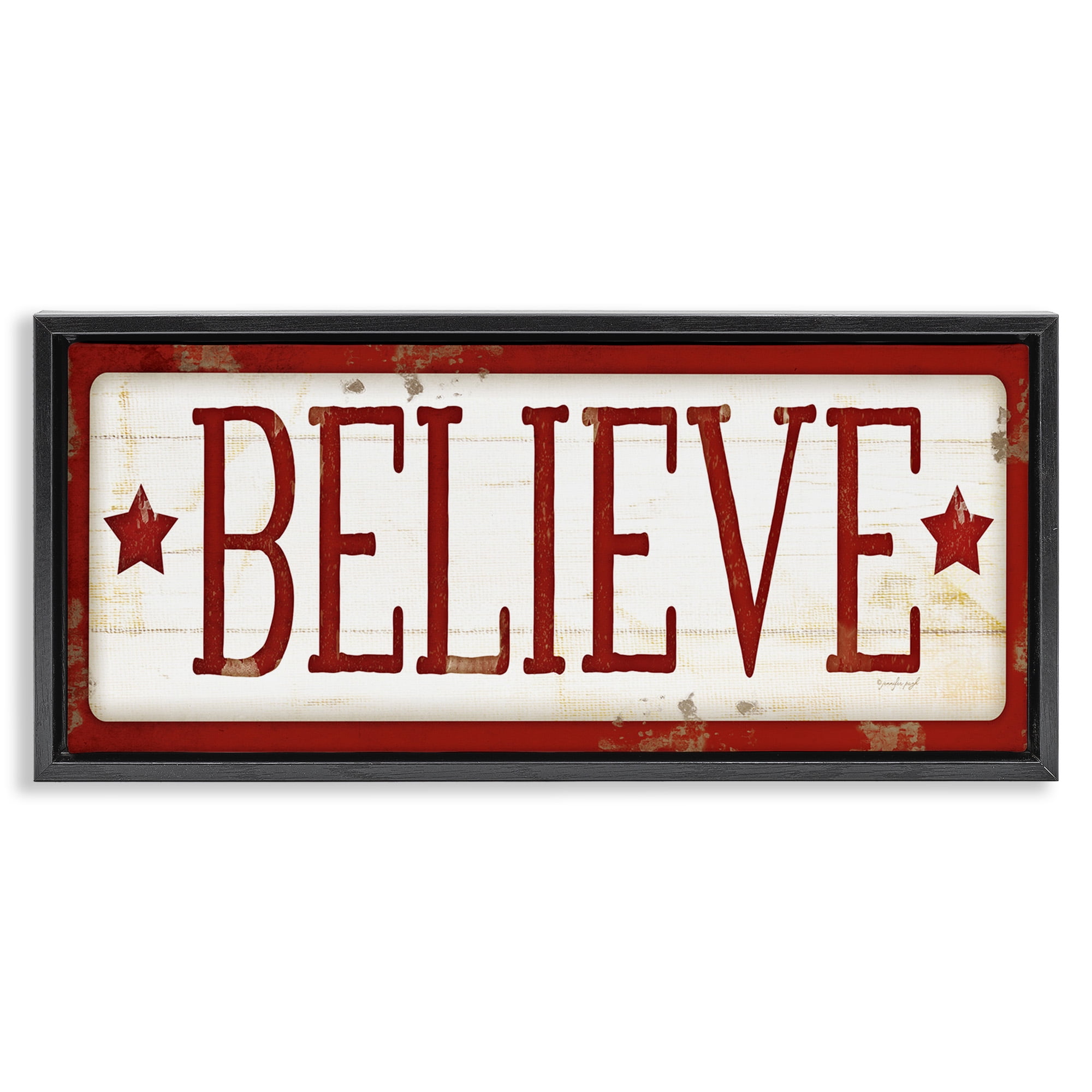 Stupell Industries Believe Red Christmas Phrase Holiday Painting Black Floater Framed Canvas Art Print Wall Art, 31 x 14