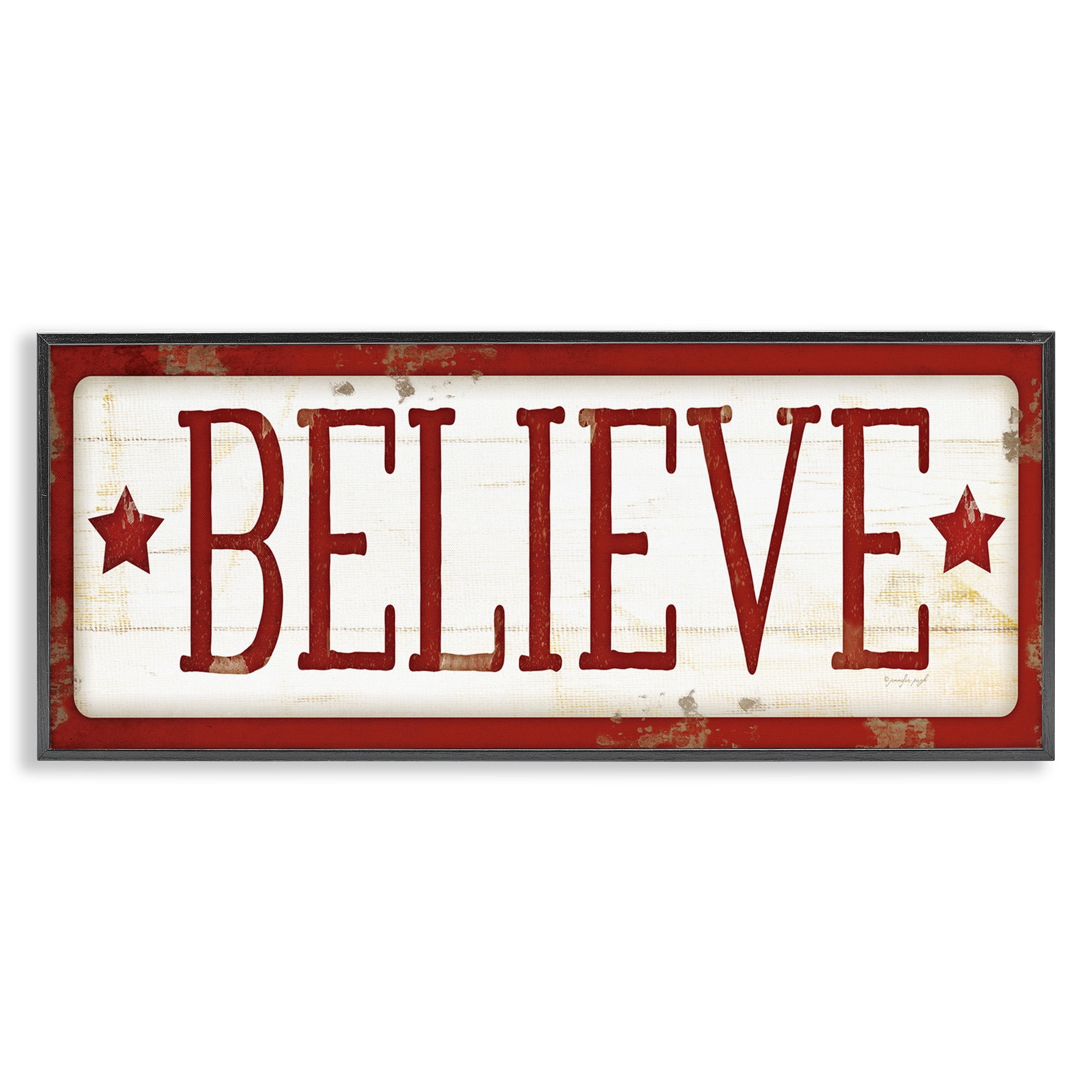 Stupell Industries Believe Red Christmas Phrase Holiday Painting Black Framed Art Print Wall Art, 24 x 10