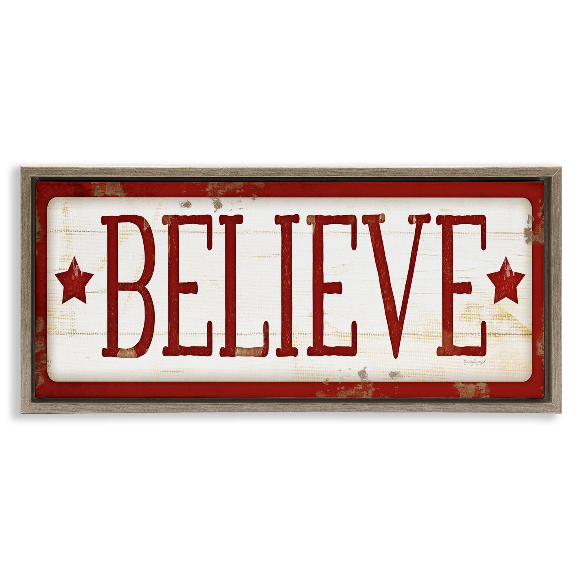 Stupell Industries Believe Red Christmas Phrase Holiday Painting Brown Floater Framed Canvas Art Print Wall Art, 31 x 14