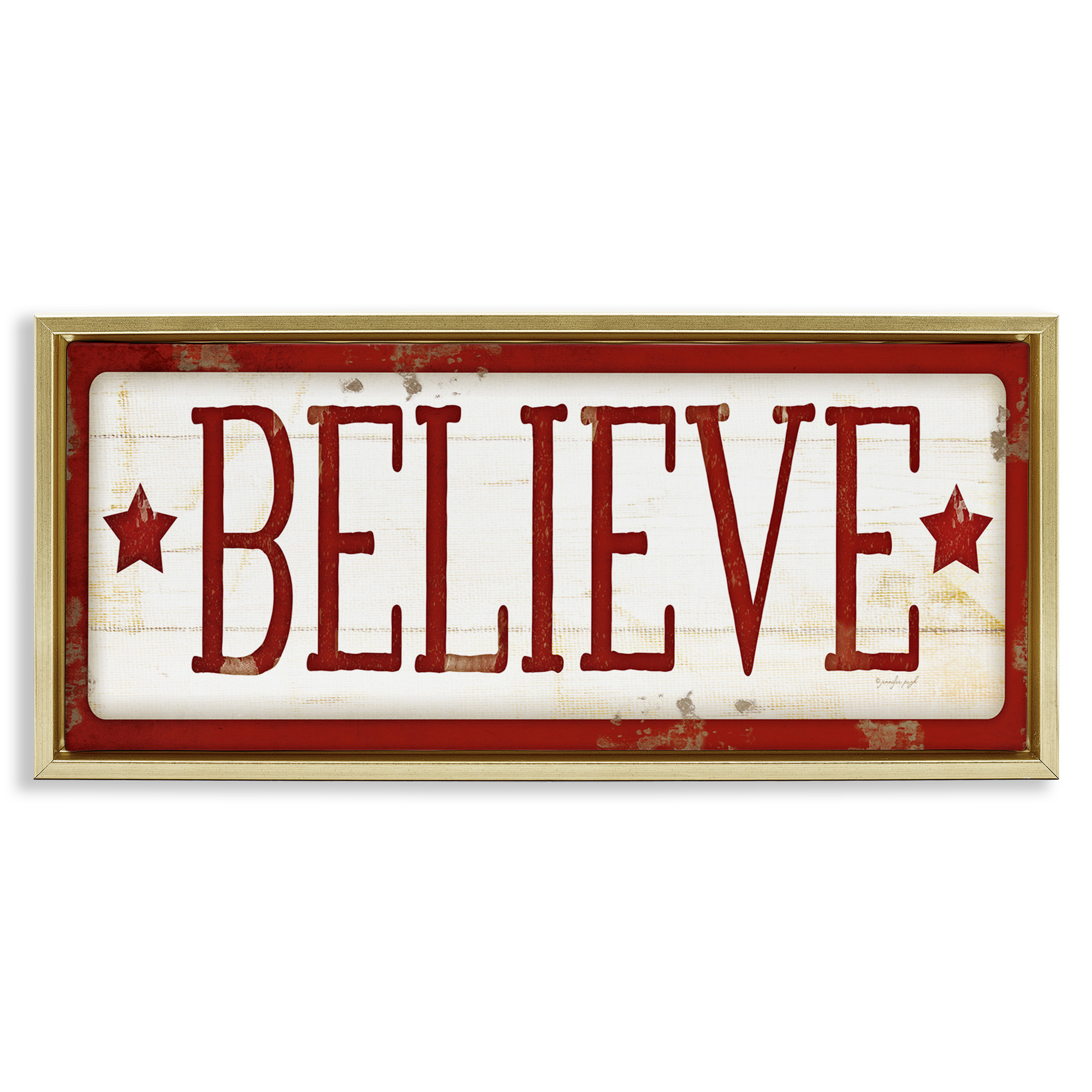 Stupell Industries Believe Red Christmas Phrase Holiday Painting Gold Floater Framed Canvas Art Print Wall Art, 25 x 11