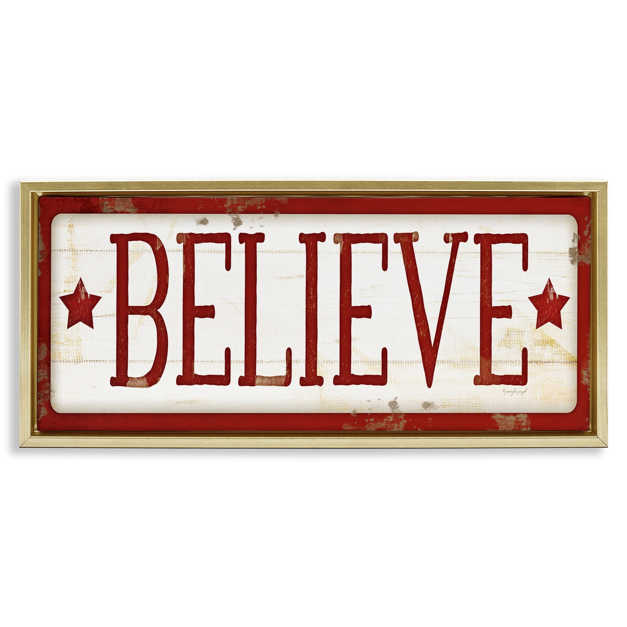 Stupell Industries Believe Red Christmas Phrase Holiday Painting Gold Floater Framed Canvas Art Print Wall Art, 31 x 14