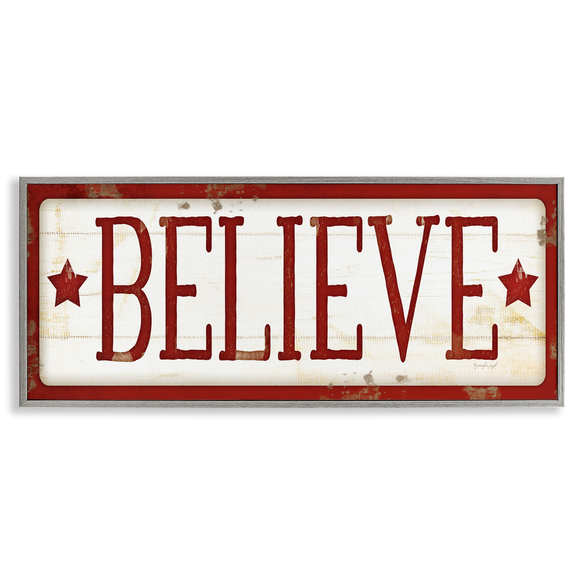 Stupell Industries Believe Red Christmas Phrase Holiday Painting Gray Framed Art Print Wall Art, 24 x 10
