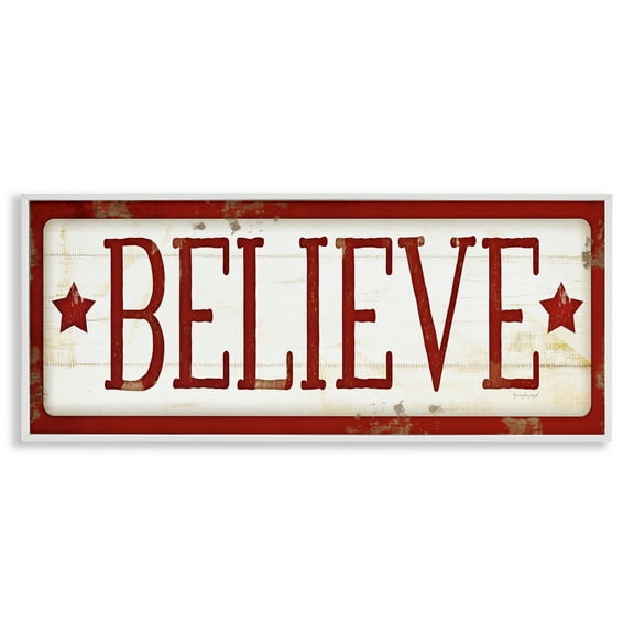 Stupell Industries Believe Red Christmas Phrase Holiday Painting White Framed Art Print Wall Art, 30 x 13