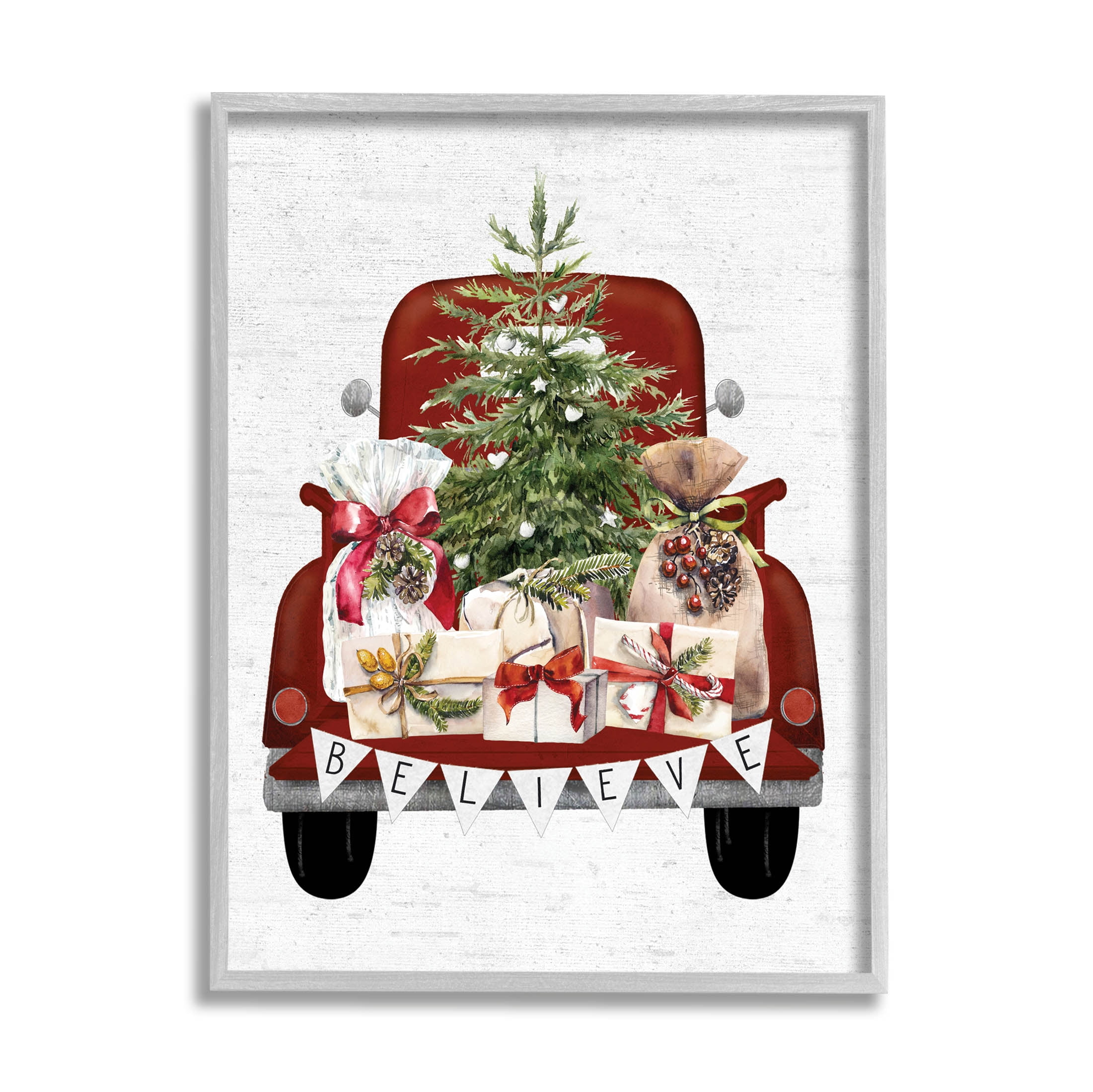 Stupell Industries Believe Seasonal Christmas Truck Graphic Art Gray Framed Art Print Wall Art, Design by Lettered and Lined
