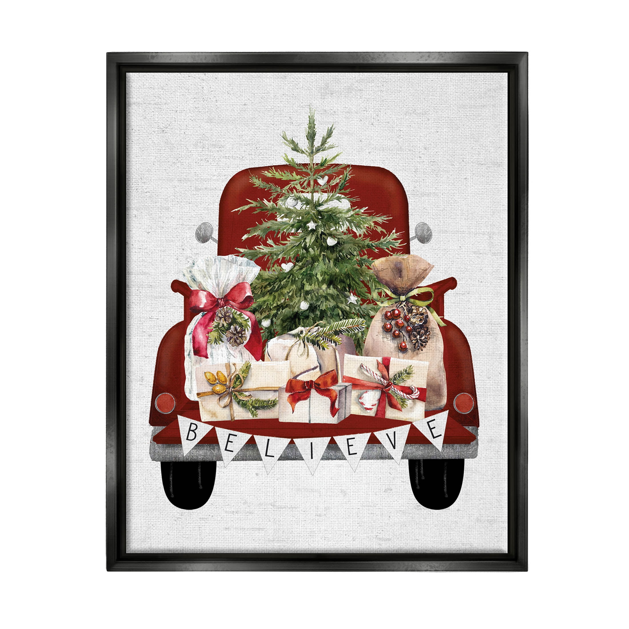 Stupell Industries Believe Seasonal Christmas Truck Graphic Art Jet Black Floating Framed Canvas Print Wall Art, Design by Lettered and Lined