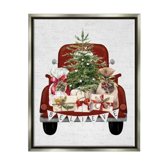 Stupell Industries Believe Seasonal Christmas Truck Graphic Art Luster Gray Floating Framed Canvas Print Wall Art, Design by Lettered and Lined