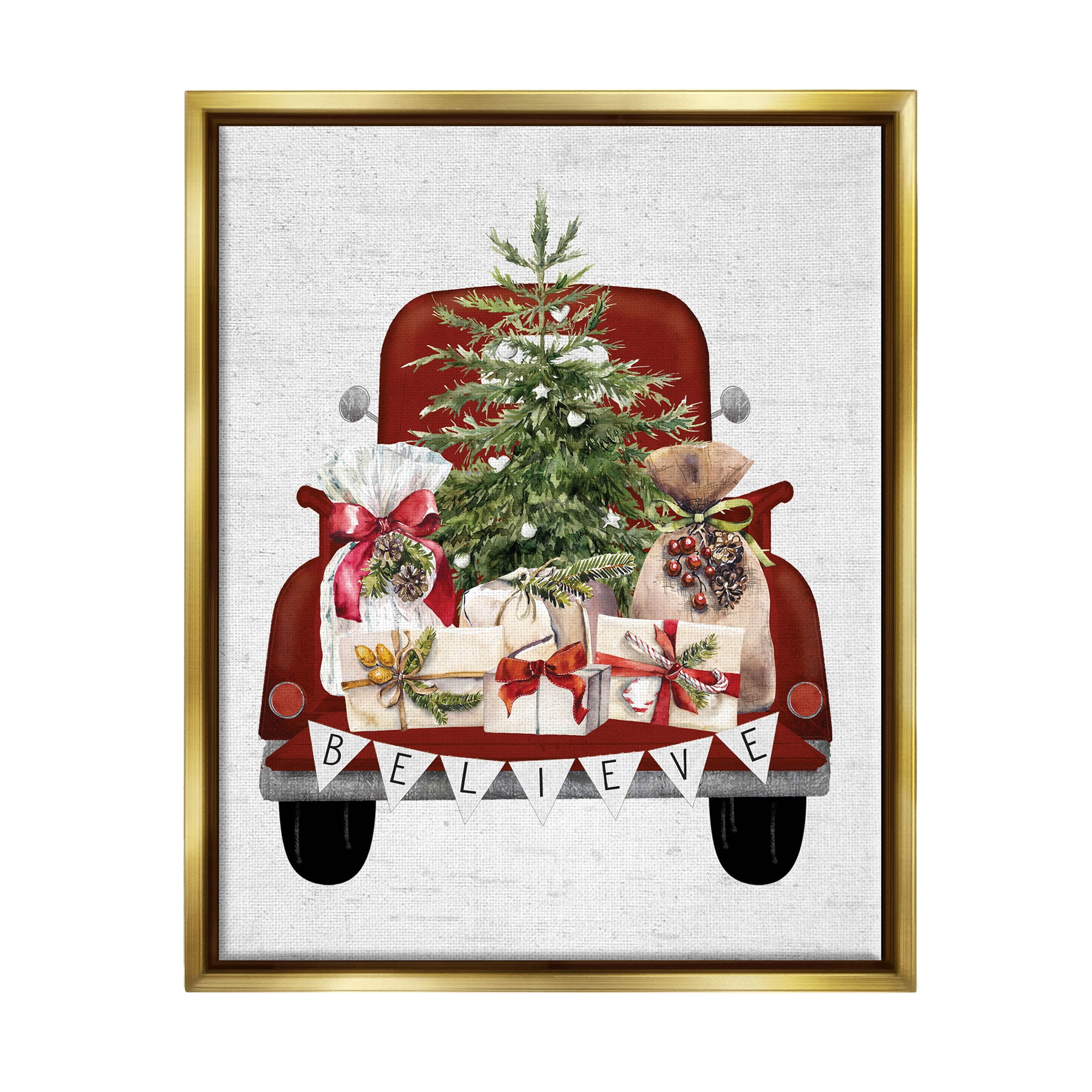 Stupell Industries Believe Seasonal Christmas Truck Graphic Art Metallic Gold Floating Framed Canvas Print Wall Art, Design by Lettered and Lined