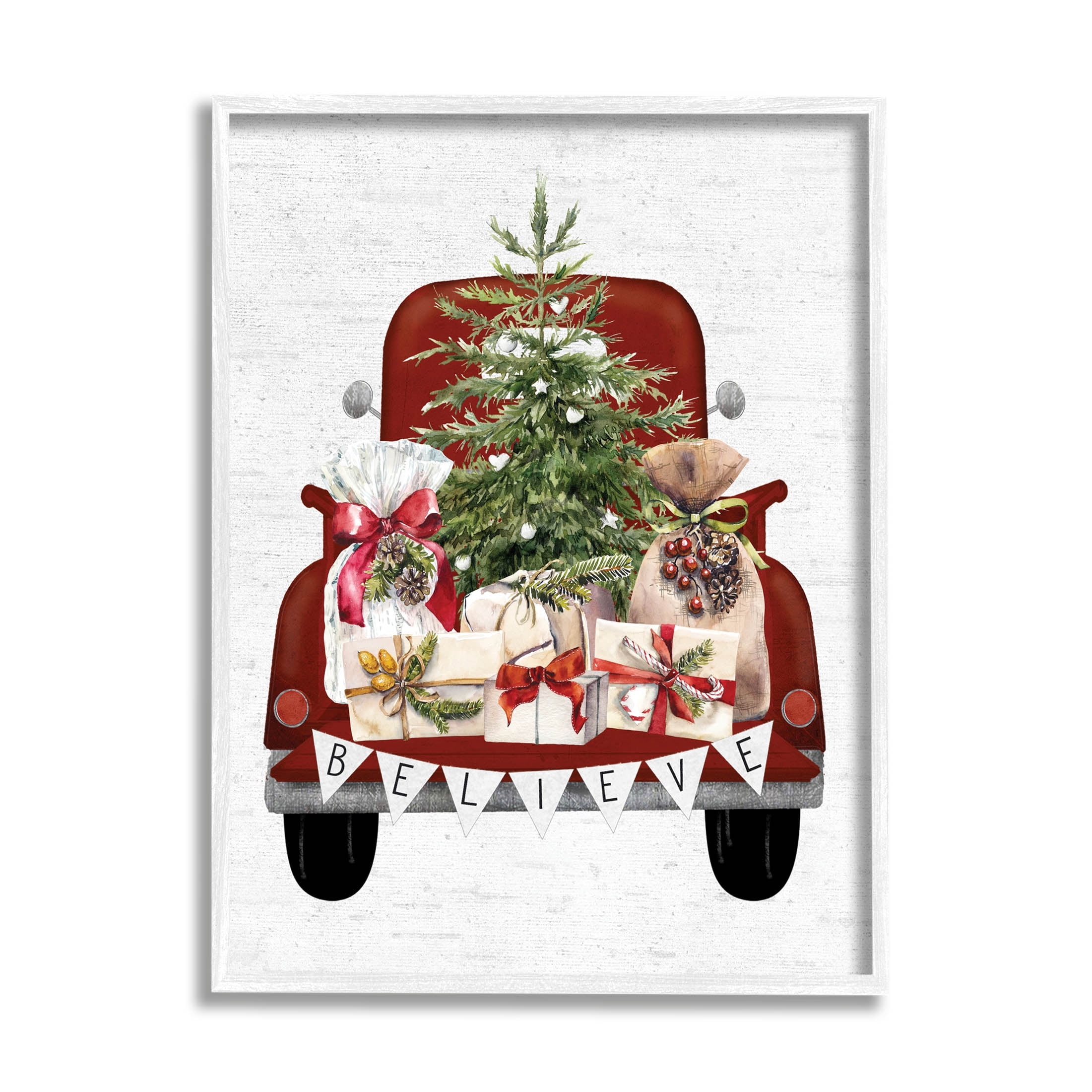Stupell Industries Believe Seasonal Christmas Truck Graphic Art White Framed Art Print Wall Art, Design by Lettered and Lined