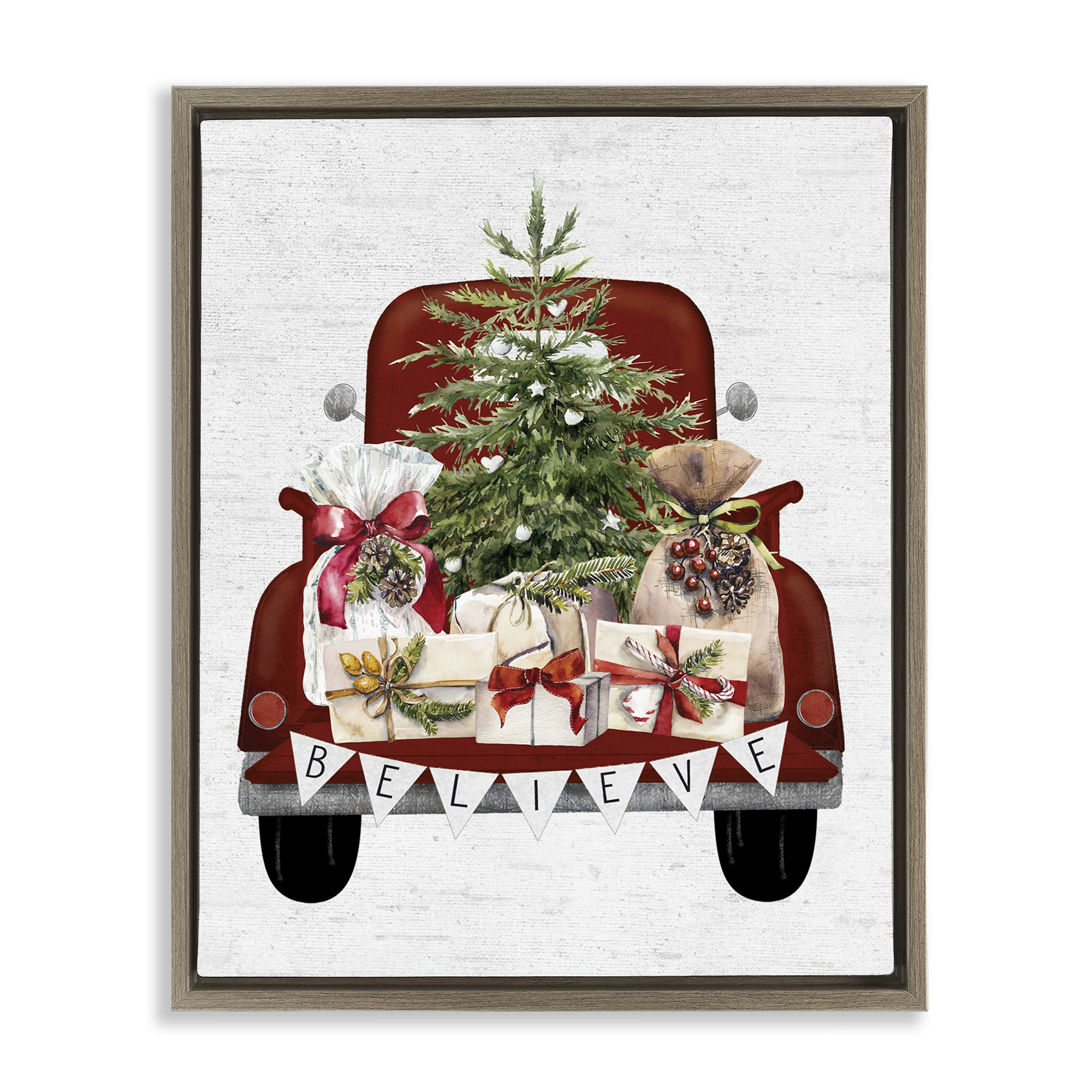 Stupell Industries Believe Seasonal Christmas Truck Holiday Painting Brown Floater Framed Canvas Art Print Wall Art, 17 x 21