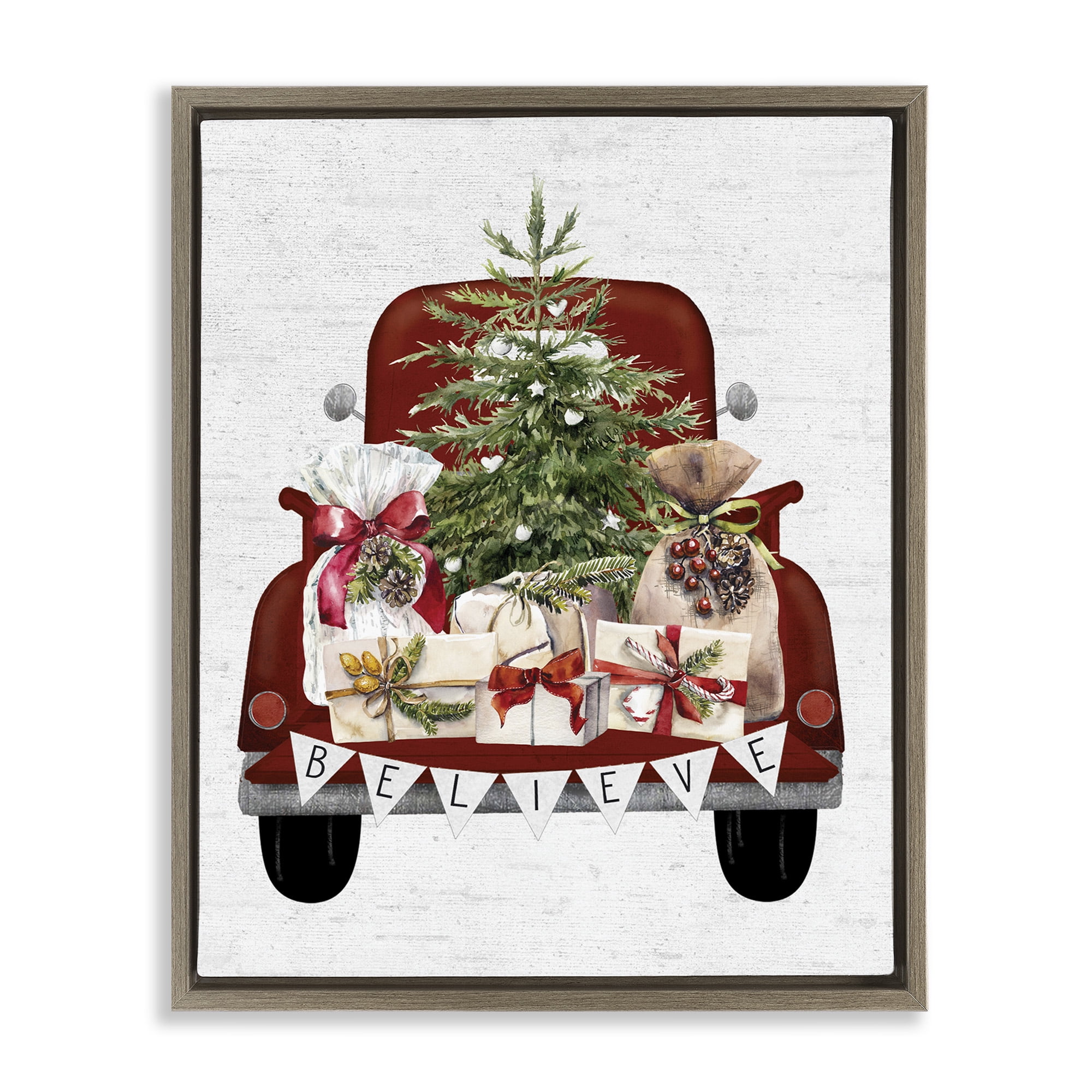Stupell Industries Believe Seasonal Christmas Truck Holiday Painting Brown Floater Framed Canvas Art Print Wall Art, 25 x 31