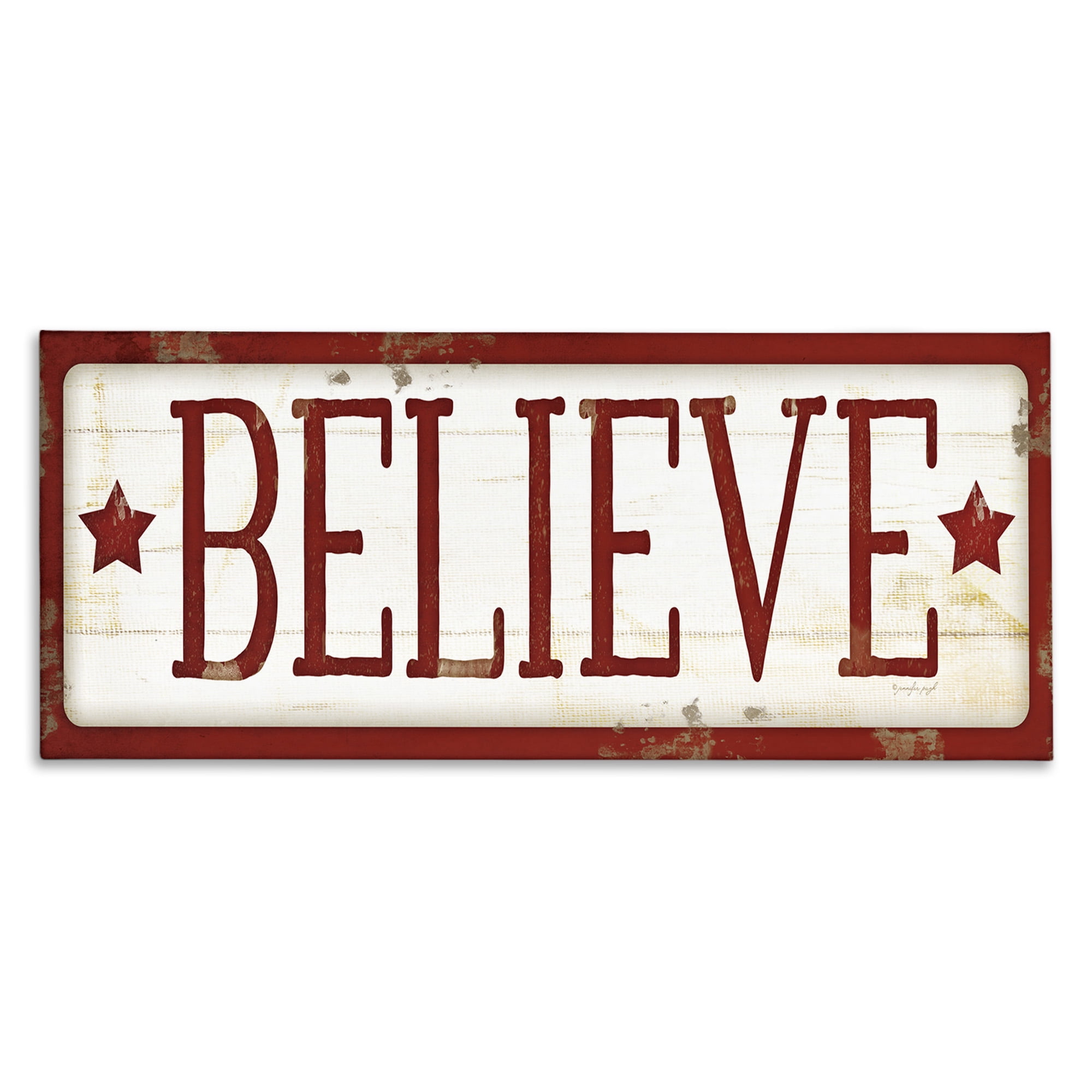 Stupell Industries Believe Red Christmas Phrase Holiday Painting Gallery Wrapped Canvas Art Print Wall Art, 30 x 13