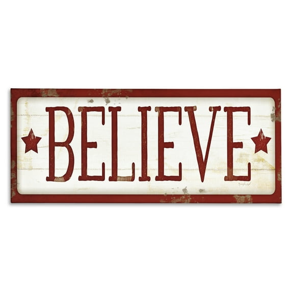 Stupell Industries Believe Red Christmas Phrase Holiday Painting Gallery Wrapped Canvas Art Print Wall Art, 30 x 13
