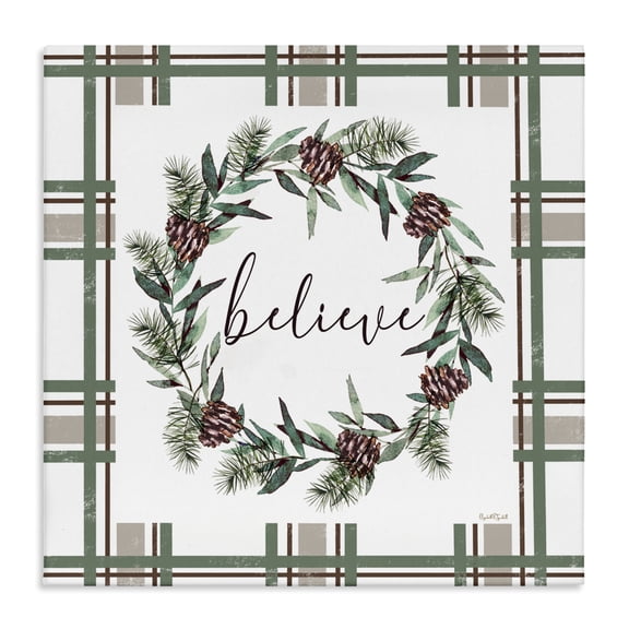 Stupell Industries Believe Wreath on Green Plaid Canvas Wall Art design by Elizabeth Tyndall, 24 x 24