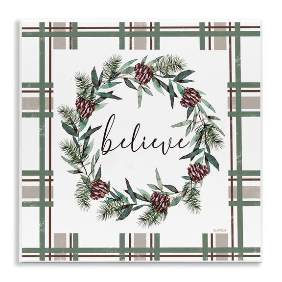 Stupell Industries Believe Wreath on Green Plaid Wall Plaque Art design by Elizabeth Tyndall, 12 x 12