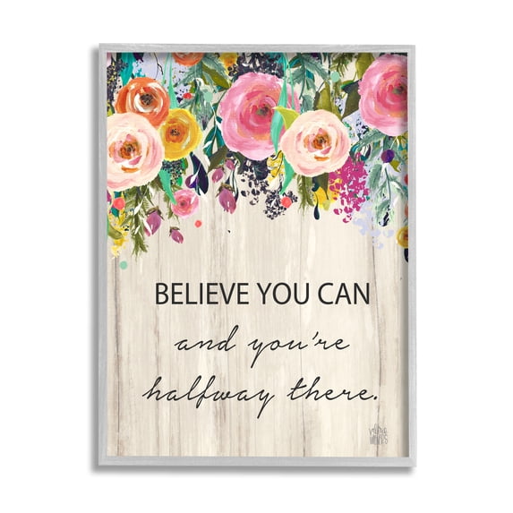 Stupell Industries Believe You Can Motto Blooming Spring Floral Cascade Country Painting Gray Framed Art Print Wall Art, 24 x 30, Design by Valerie Wieners