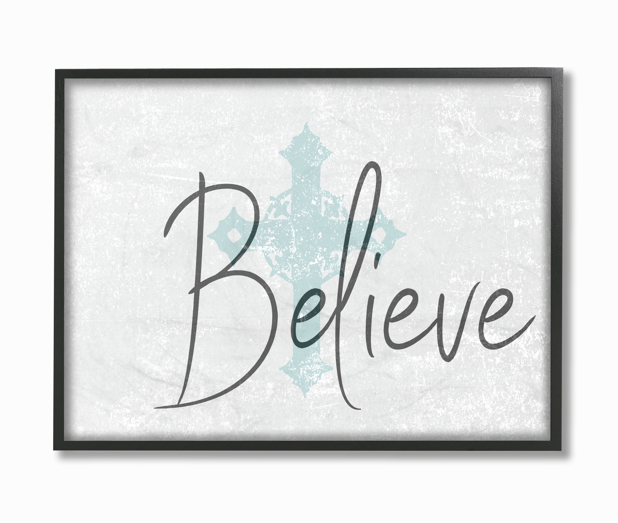 Stupell Industries Believe with Holy Cross Wood Texture Religious Painting Black Framed Art Print Wall Art, 16 x 20