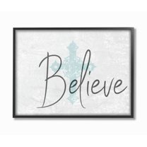 Stupell Industries Believe with Holy Cross Wood Texture Religious Painting Black Framed Art Print Wall Art, 16 x 20