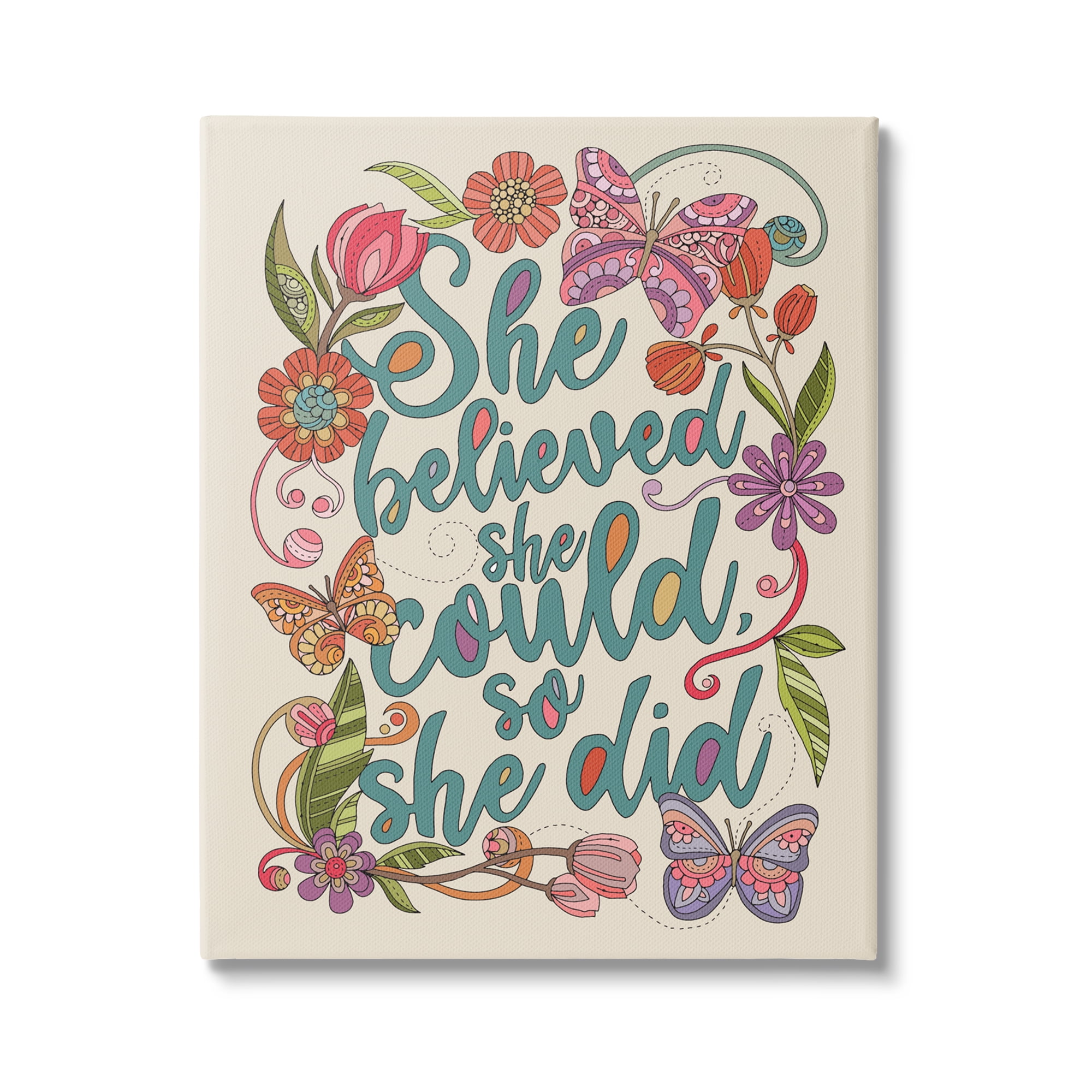 Stupell Industries She Believed Girl Power Motivational Patterned Floral Butterflies Graphic Art Gallery Wrapped Canvas Print Wall Art, Design by Valentina Harper