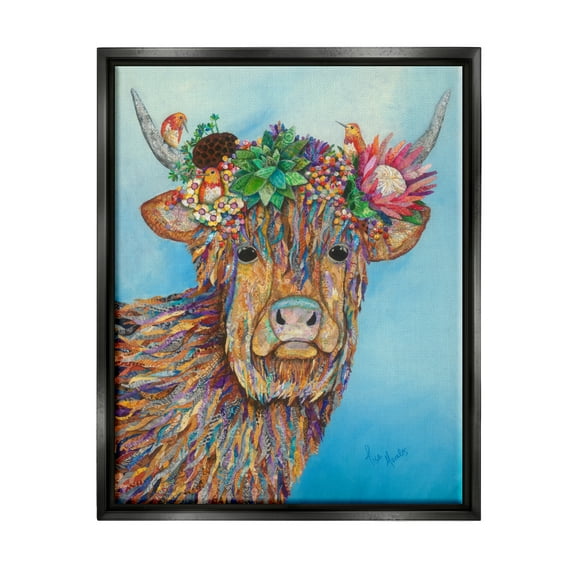 Stupell Industries Bella Cow Cattle Floral Blossom Crown Collaged Painting Painting Jet Black Floating Framed Canvas Print Wall Art, Design by Lisa Morales