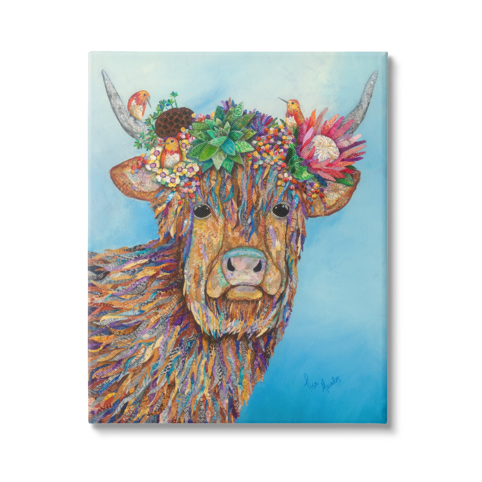 Stupell Industries Bella Cow Cattle Floral Blossom Crown Collaged Painting Painting Gallery Wrapped Canvas Print Wall Art, Design by Lisa Morales