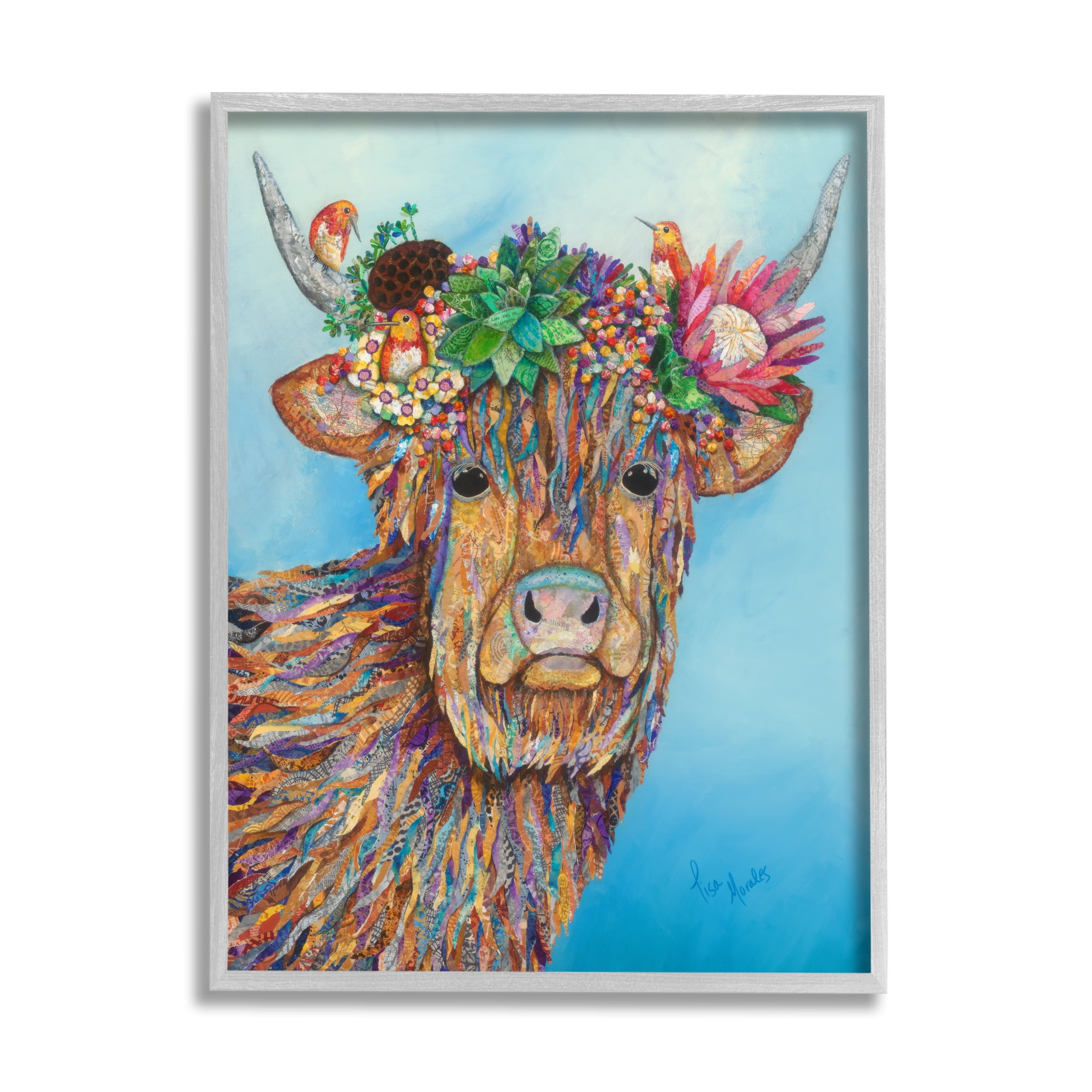 Stupell Industries Bella Cow Cattle Floral Blossom Crown Collaged Painting Painting Gray Framed Art Print Wall Art, Design by Lisa Morales