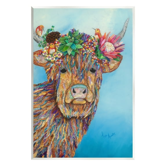 Stupell Industries Bella Cow Cattle Floral Blossom Crown Collaged Painting Painting Unframed Art Print Wall Art, Design by Lisa Morales