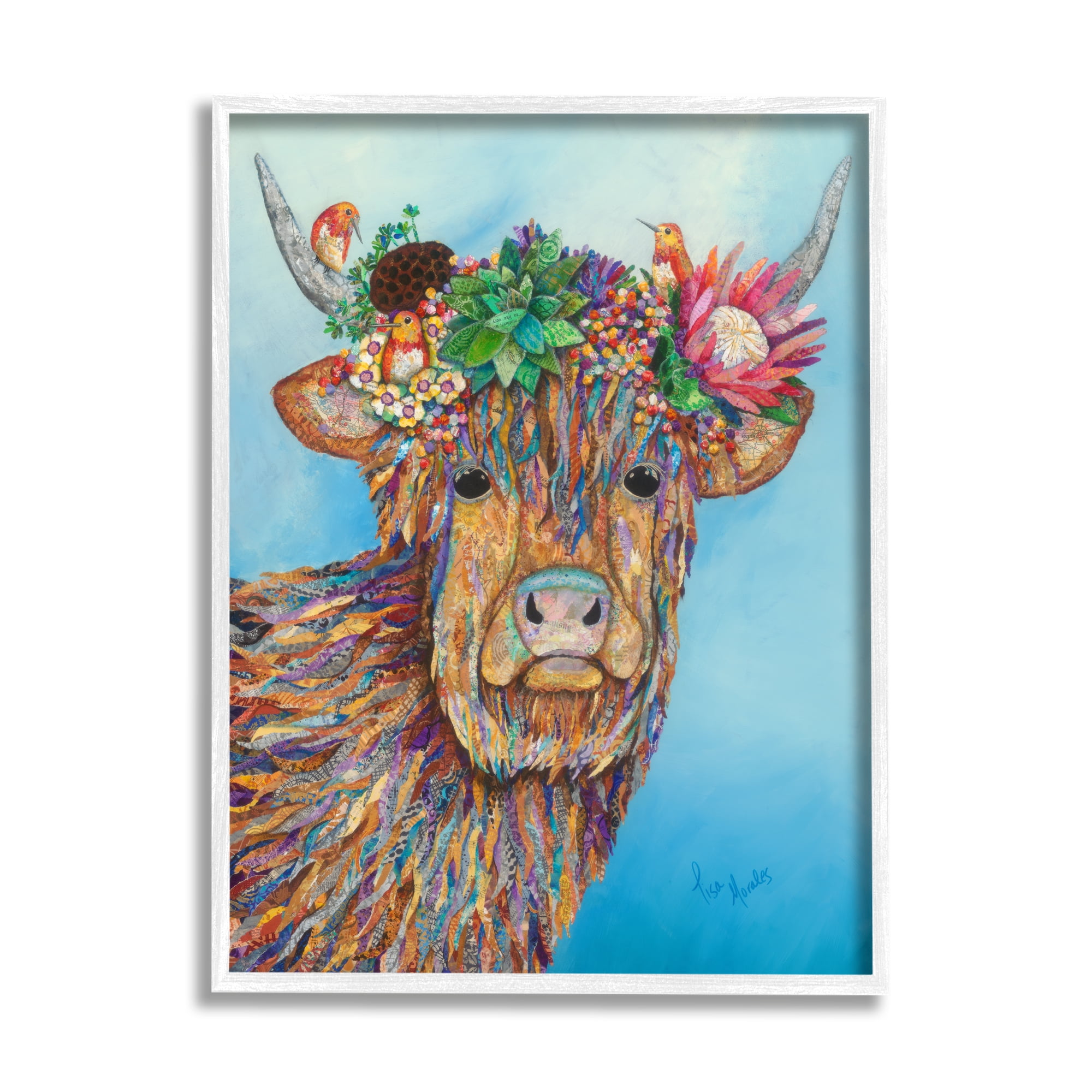 Stupell Industries Bella Cow Cattle Floral Blossom Crown Collaged Painting Painting White Framed Art Print Wall Art, Design by Lisa Morales
